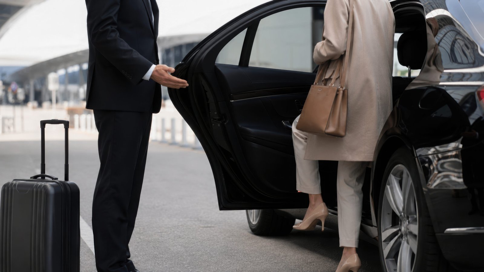 Airport pickup service luxury car transfer, business travel chauffeur helping female passenger with luggage near terminal entrance, professional