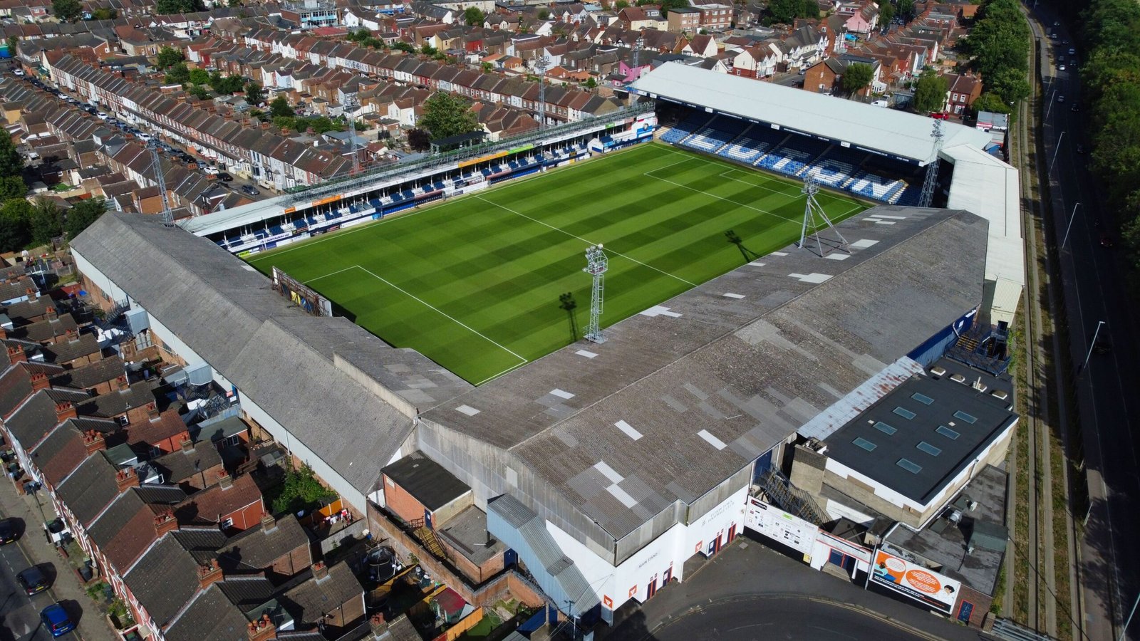 An Aerial High Angle View of Luton Football Stadium of England UK